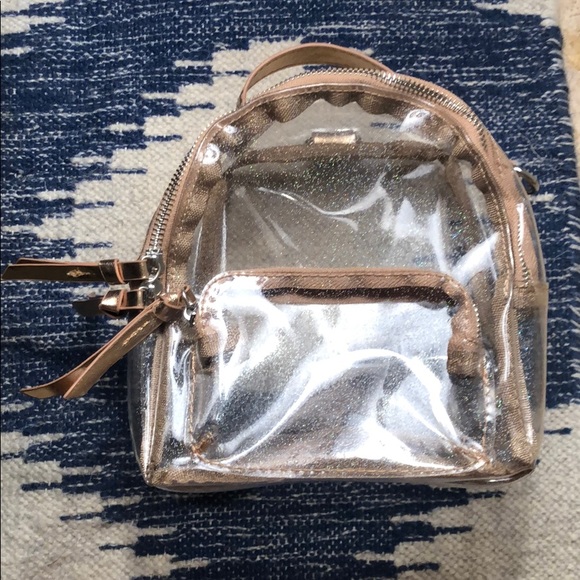 Francesca's Collections Handbags - Clear sparkle mini backpack with rose gold trim
